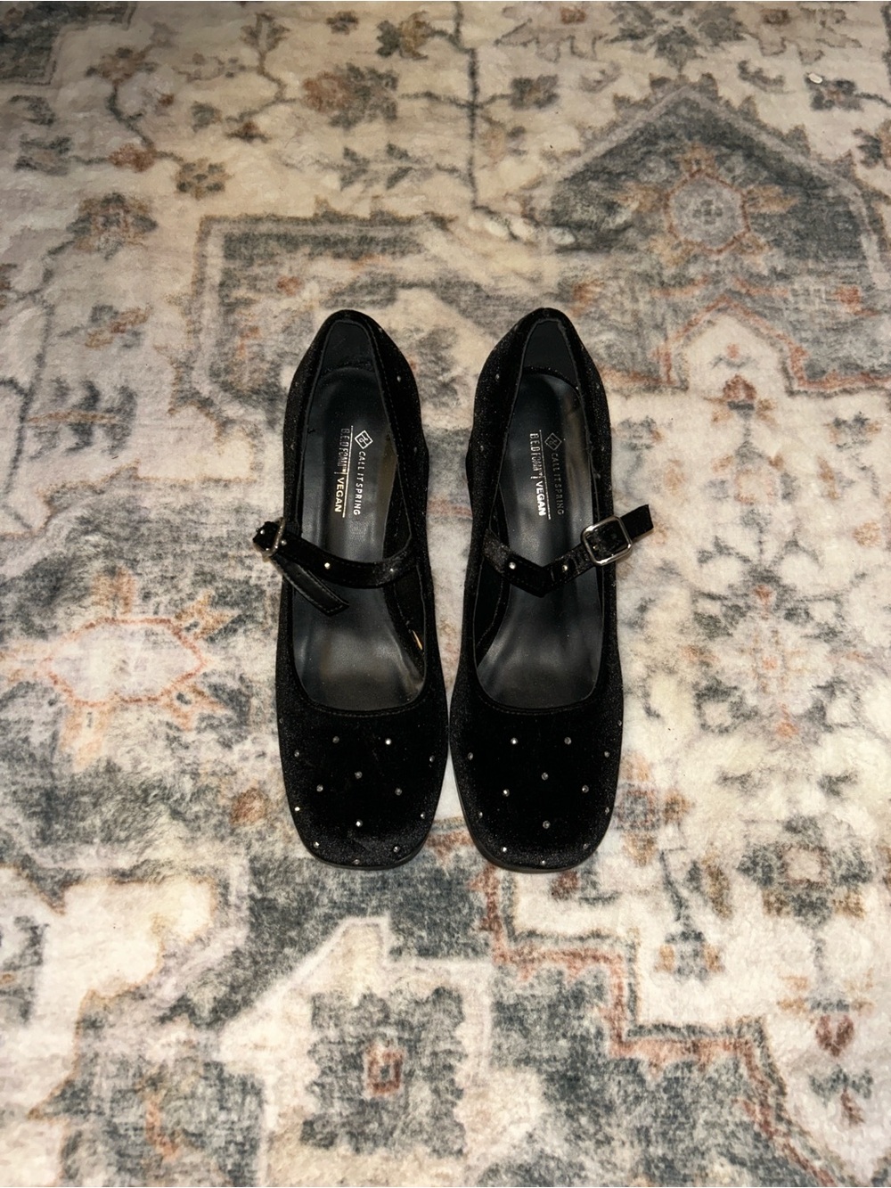 Call It Spring Black Velvet Mary Jane Heels with Rhinestone Studs